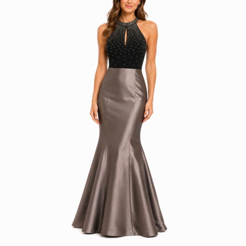 XSCAPE Black and Taupe Evening Gown Beaded Halter Cut Out Mermaid Dress Size 4